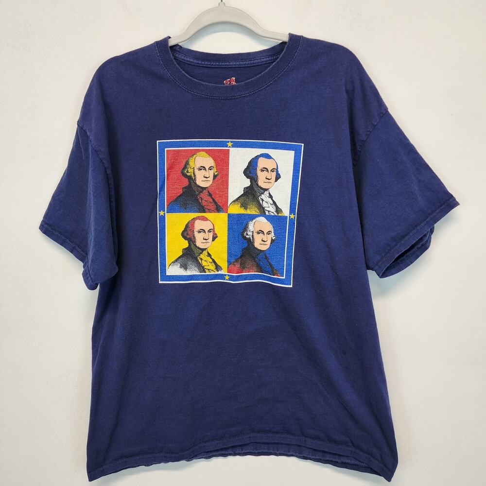 George Washington Portrait T-Shirt Adult XL Blue Cotton Casual Vintage Y2K Hanes